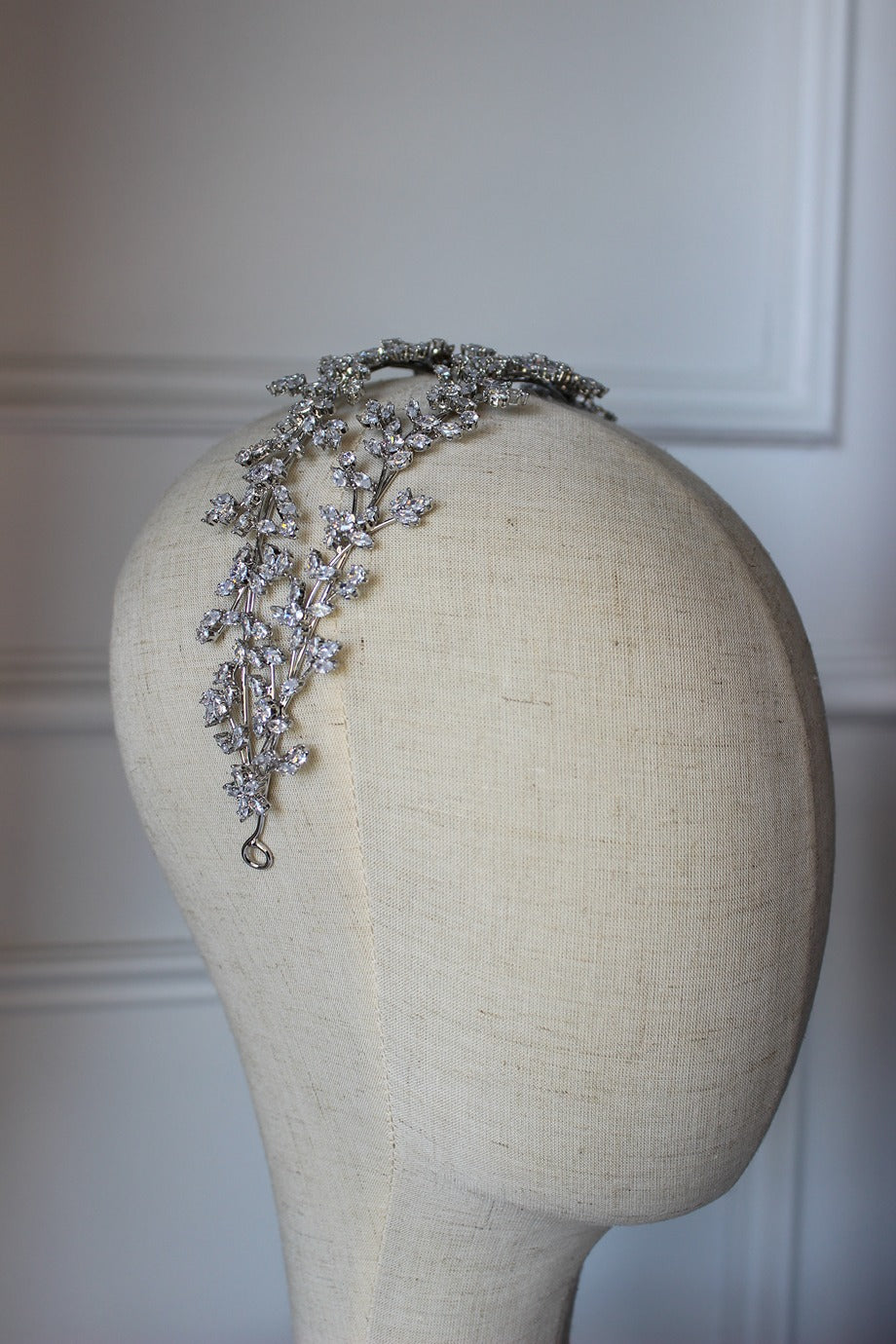 Silver bridal headpiece on mannequin