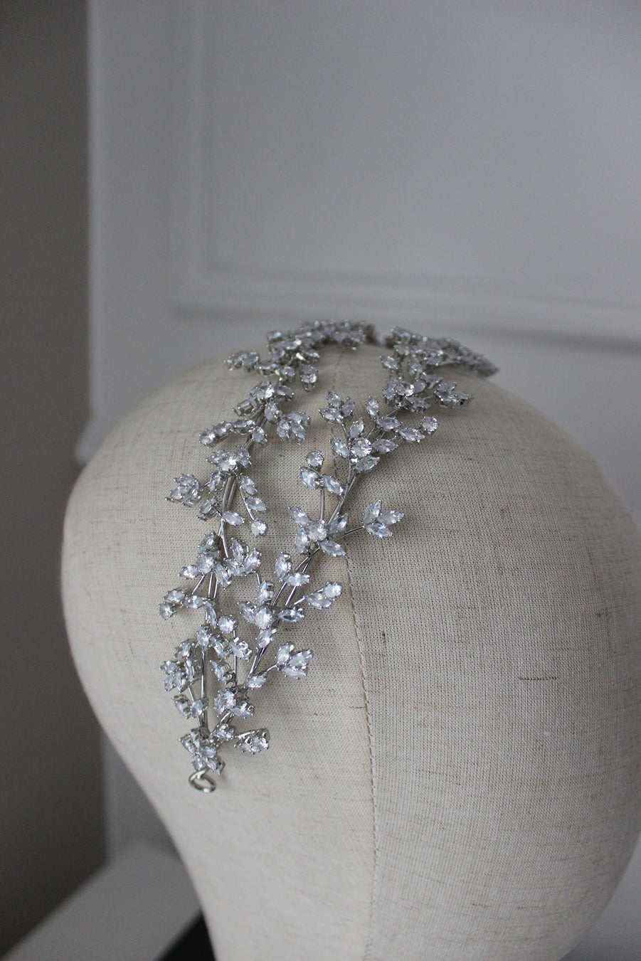 Silver bridal headband on mannequin