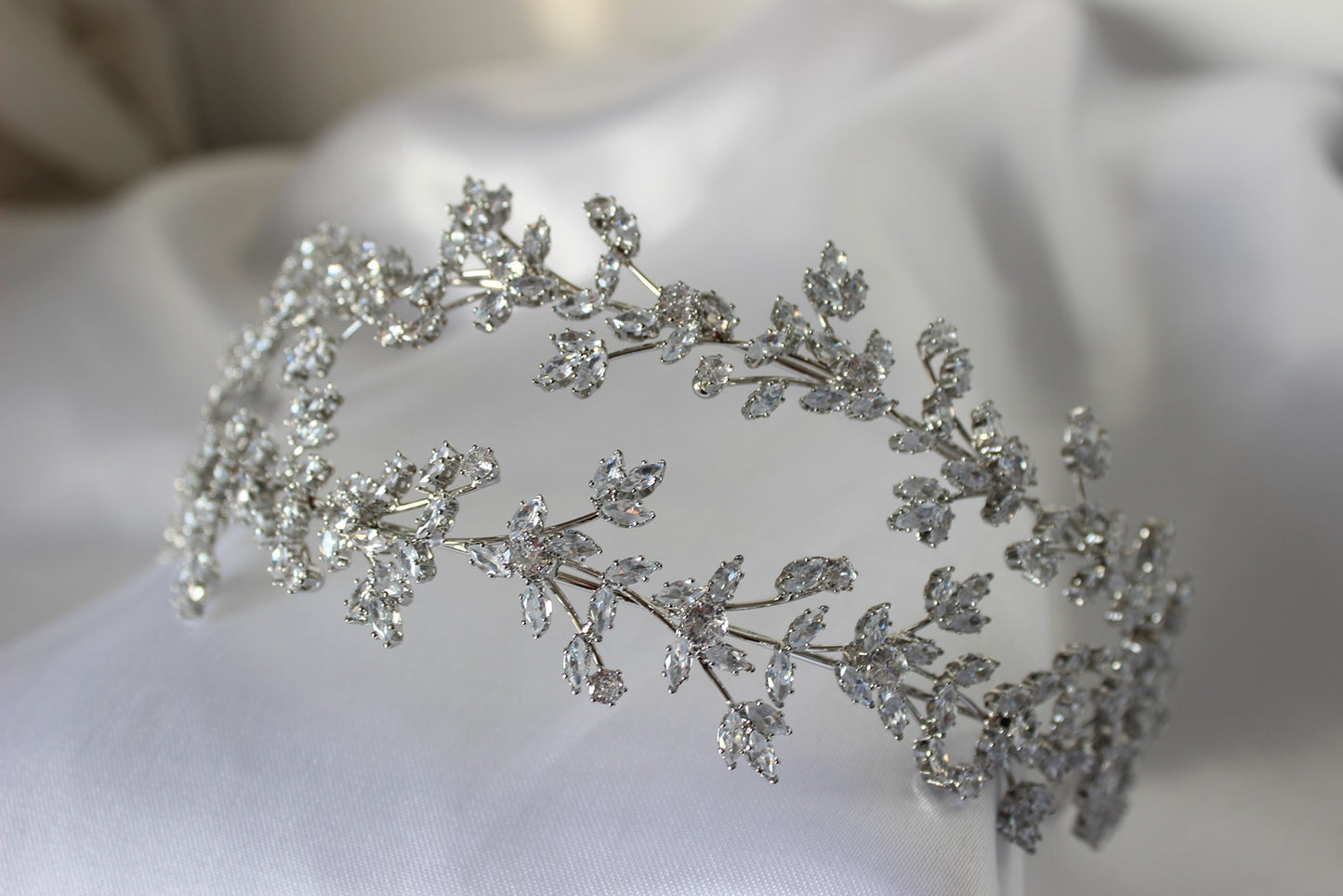 Silver bridal headband on white background