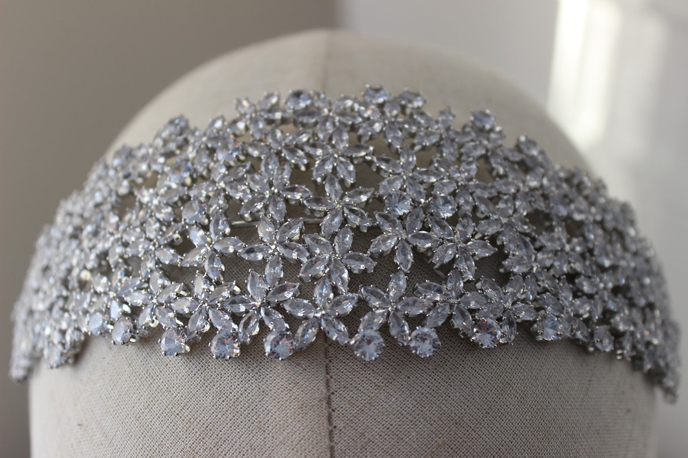Silver bridal headband on mannequin