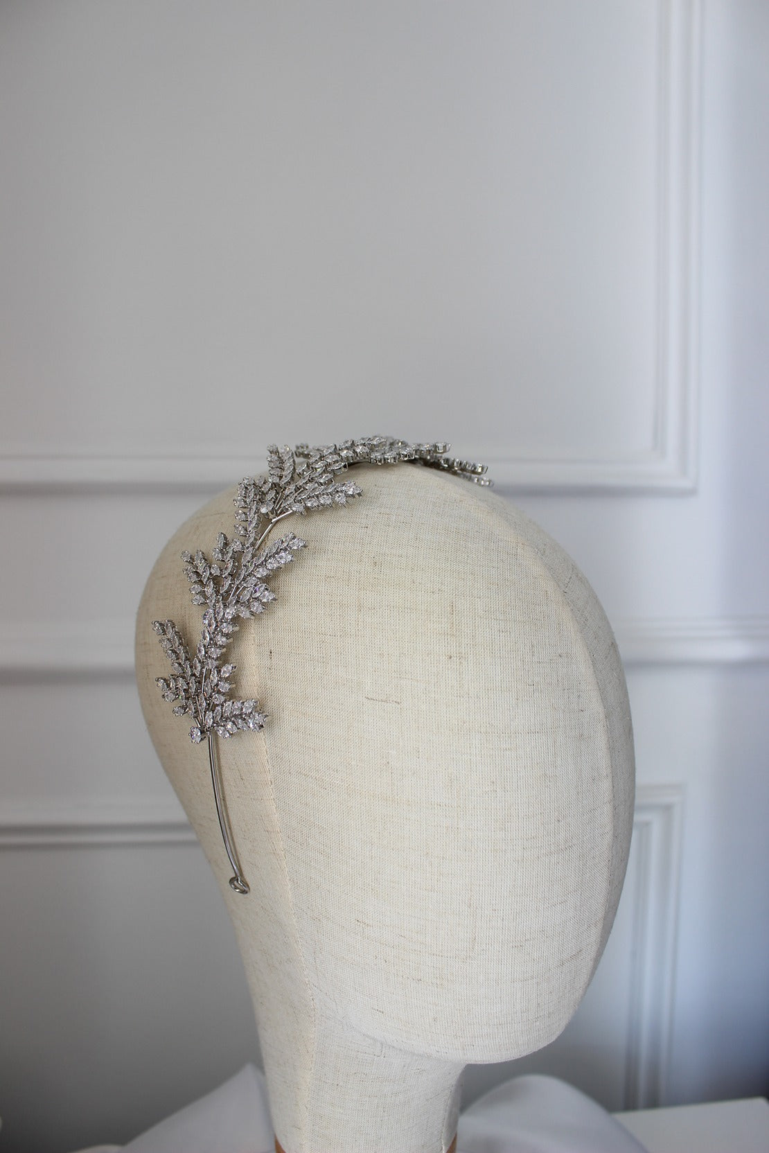 Silver bridal headband on mannequin