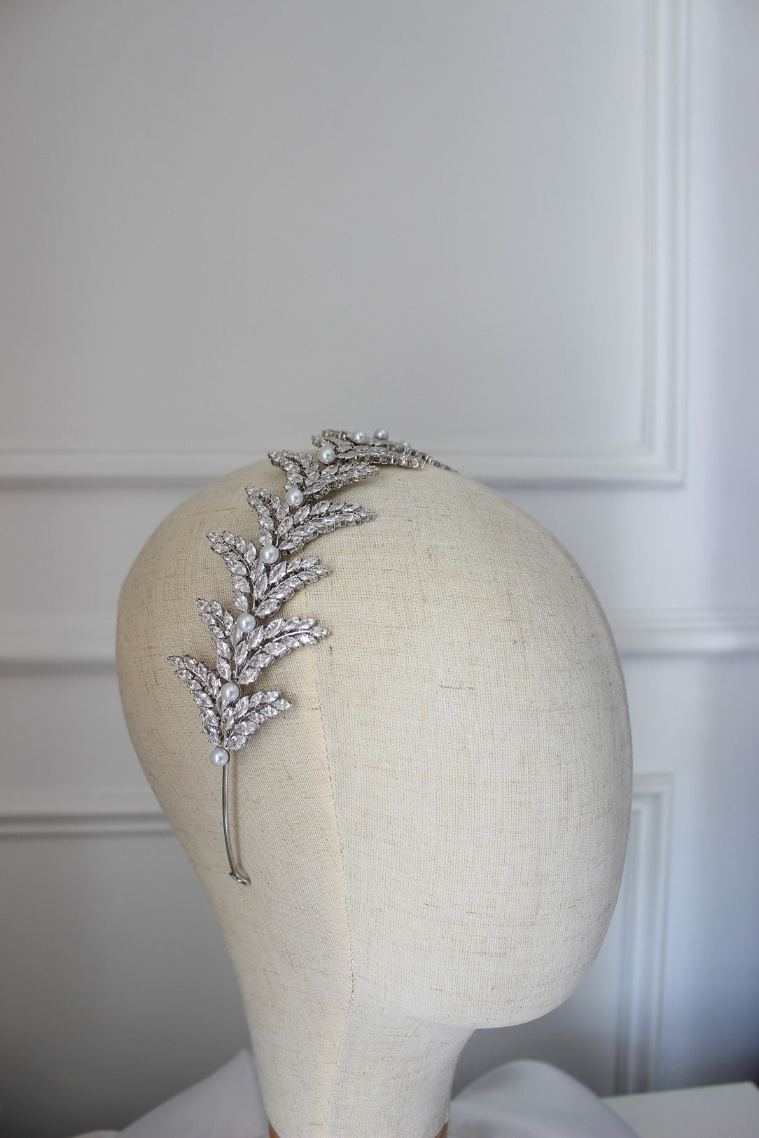 Silver bridal headband on mannequin