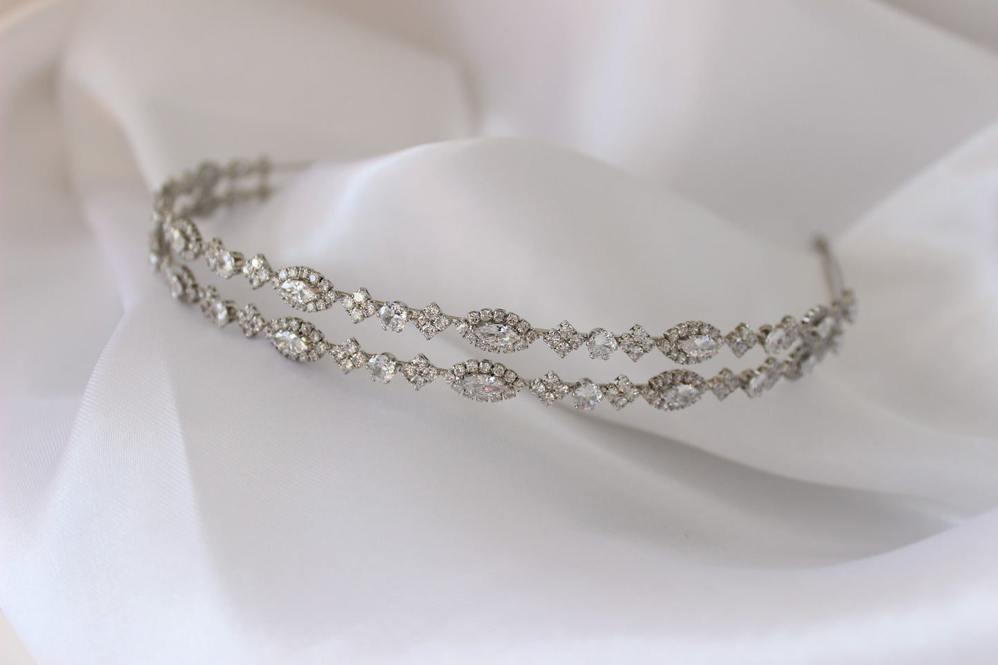 Silver bridal headband on white background