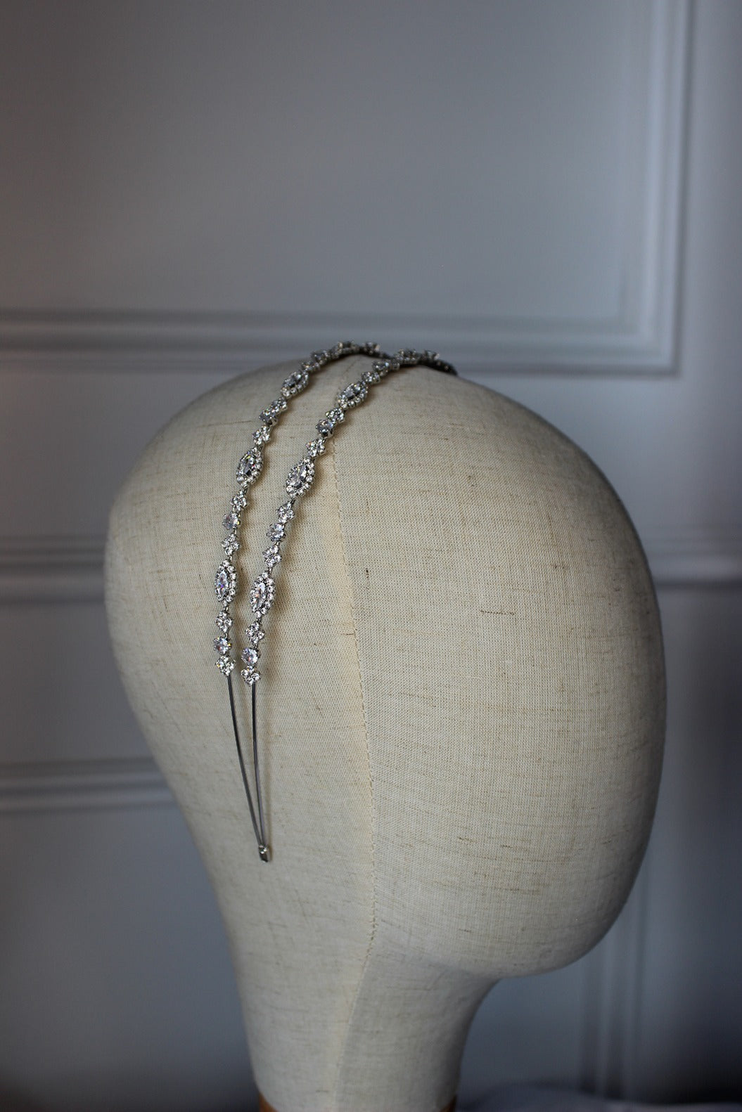 Silver bridal headband on mannequin