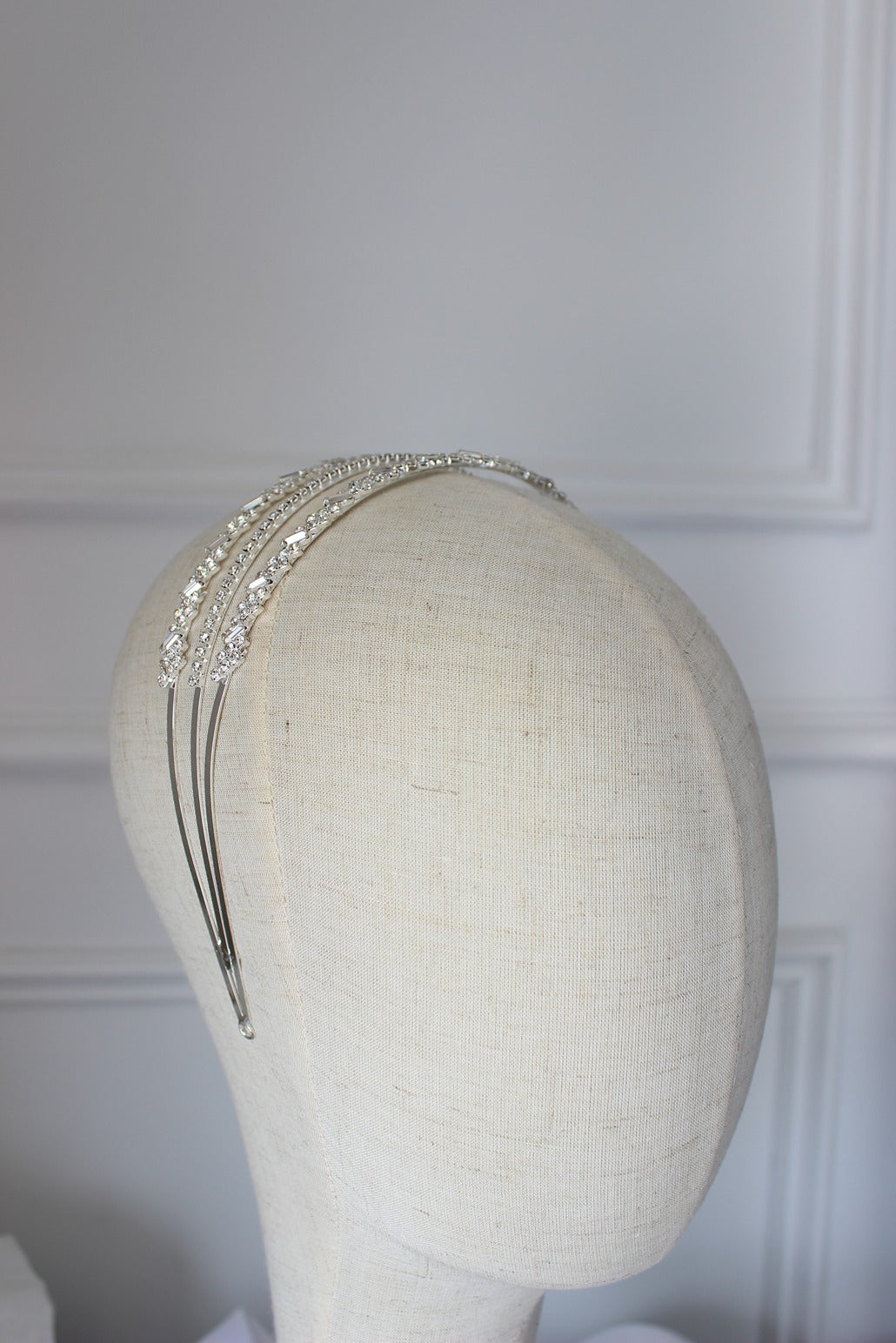 Silver bridal headband on mannequin