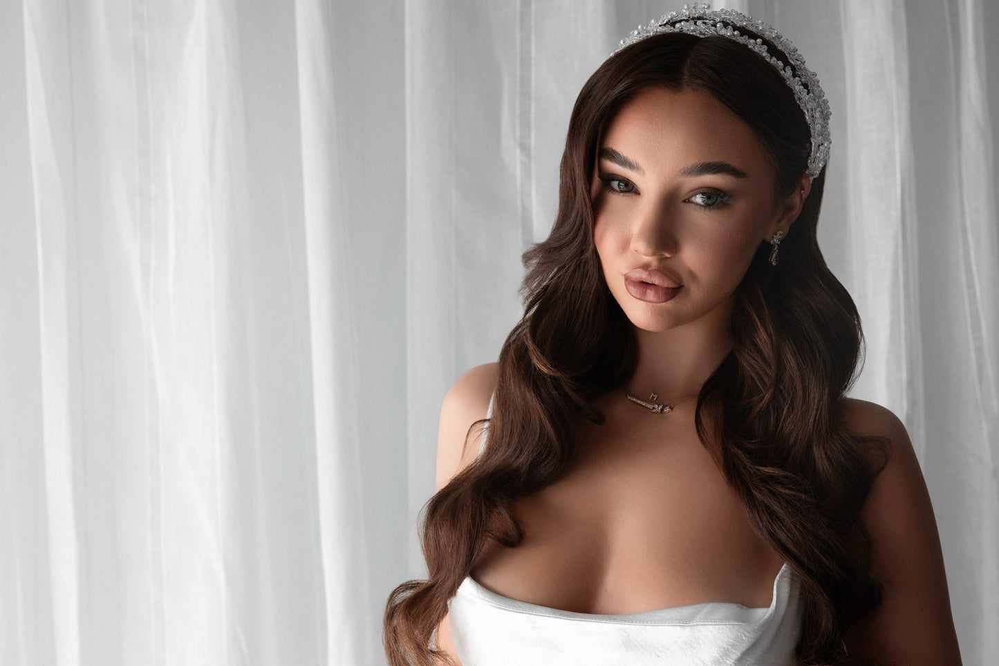 Silver bridal headband on model