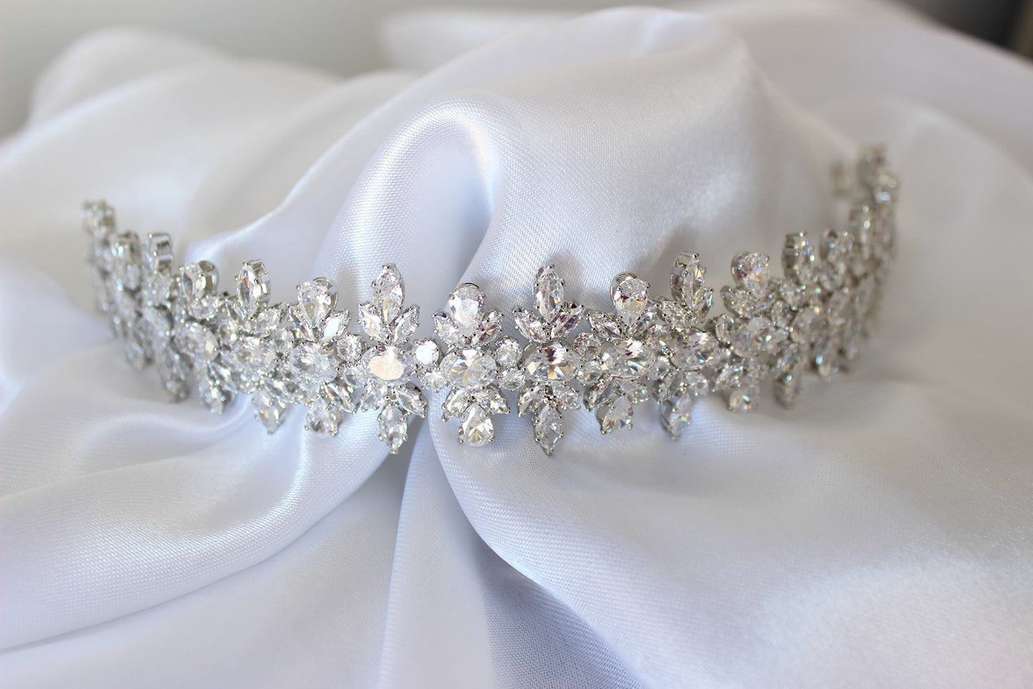 Silver bridal headband on white background