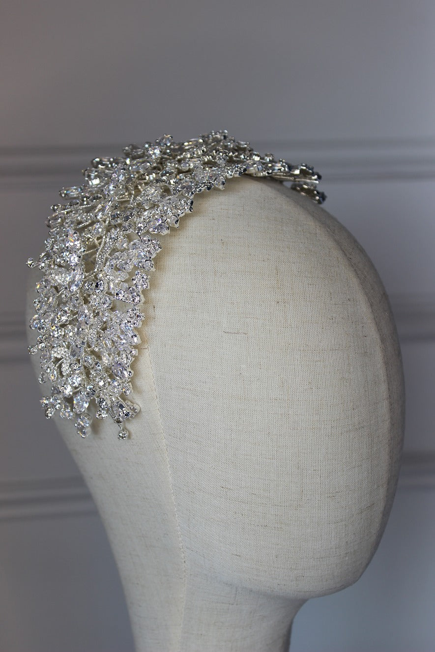 Silver bridal headpiece on mannequin
