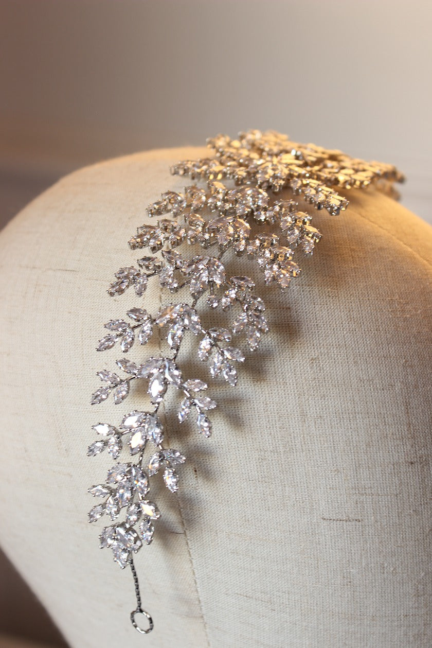 Silver bridal headpiece on mannequin