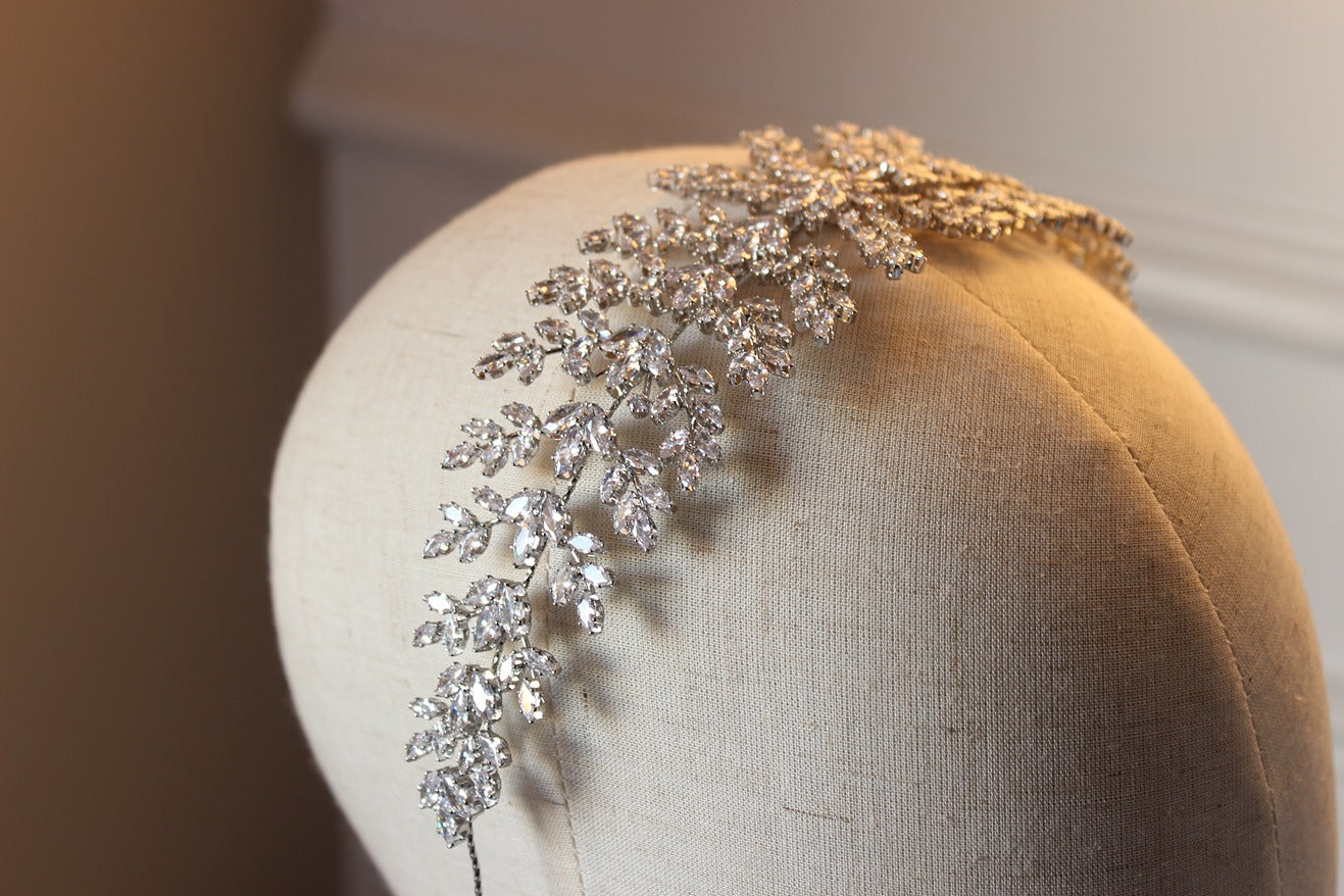 Silver bridal headpiece on mannequin