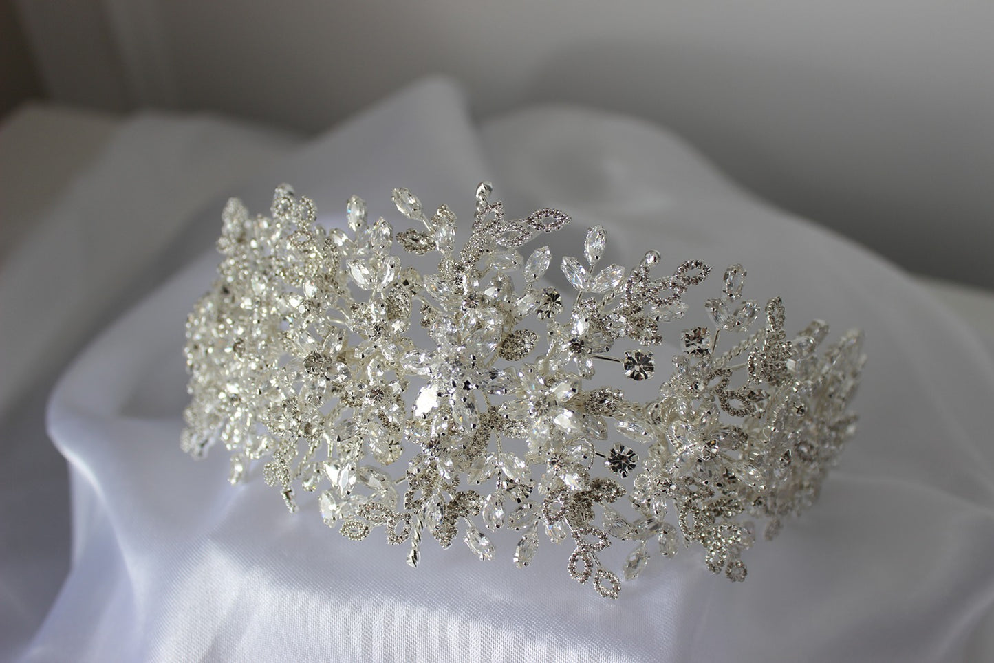 Silver bridal headpiece on white background