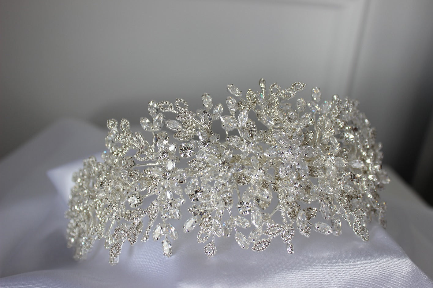 Silver bridal headpiece on white background