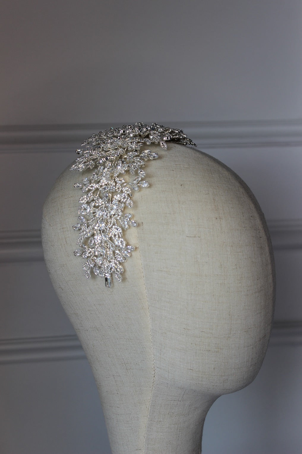 Silver bridal headpiece on mannequin