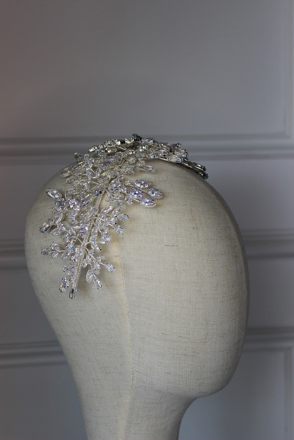 Silver bridal headpiece on mannequin