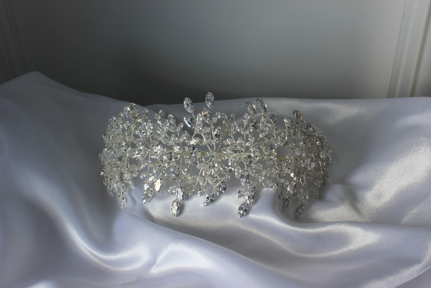 Silver bridal headpiece on white background