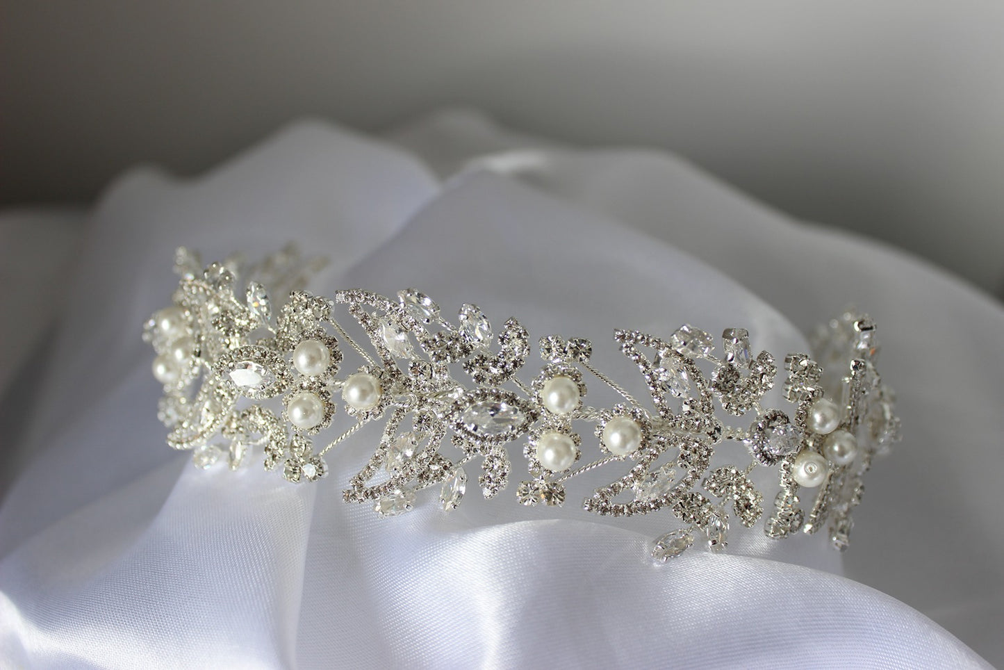 Silver bridal headpiece on white background