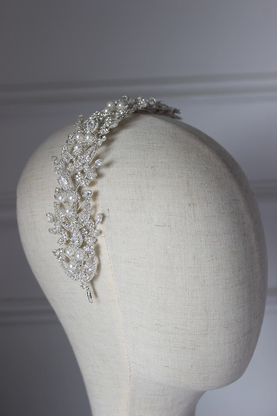Silver bridal headpiece on mannequin