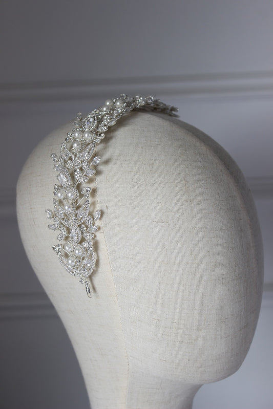 Silver bridal headpiece on mannequin