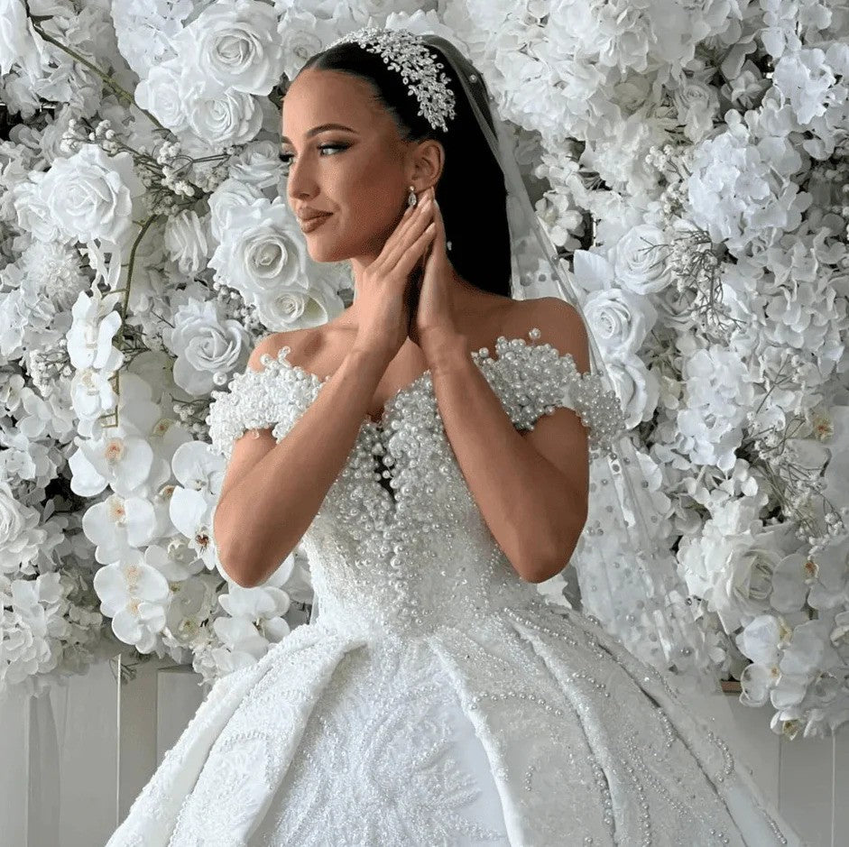 Silver bridal headpiece on bride