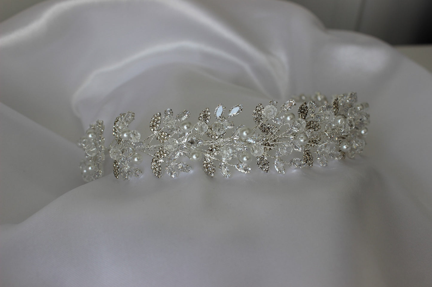 Silver bridal headpiece on white background
