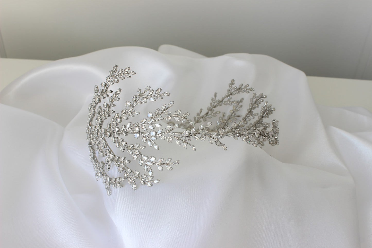 Silver bridal headpiece on white background