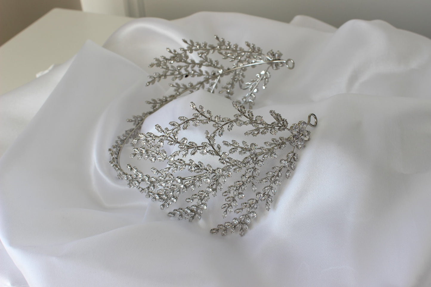 Silver bridal headpiece on white background