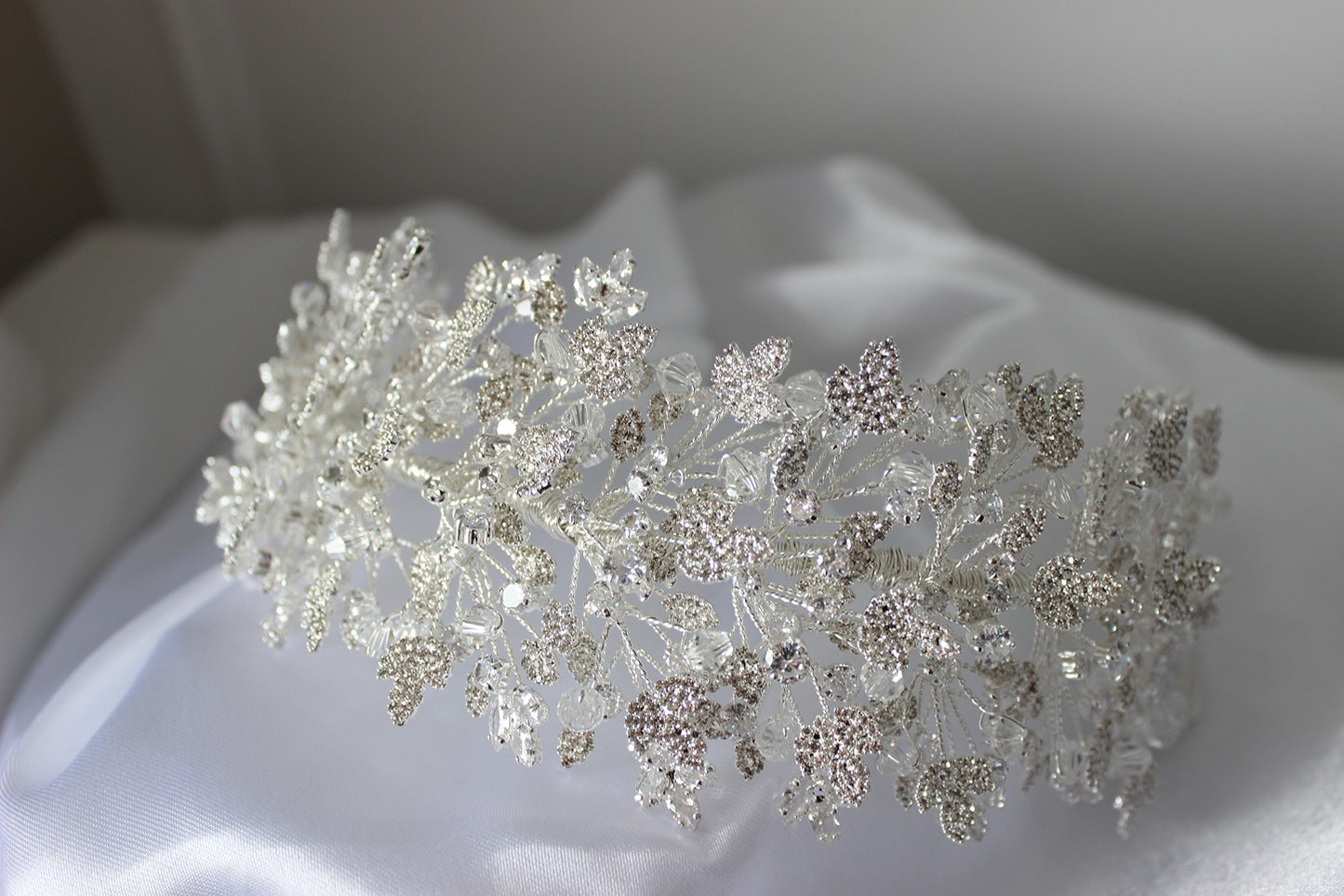 Silver bridal headpiece on white background