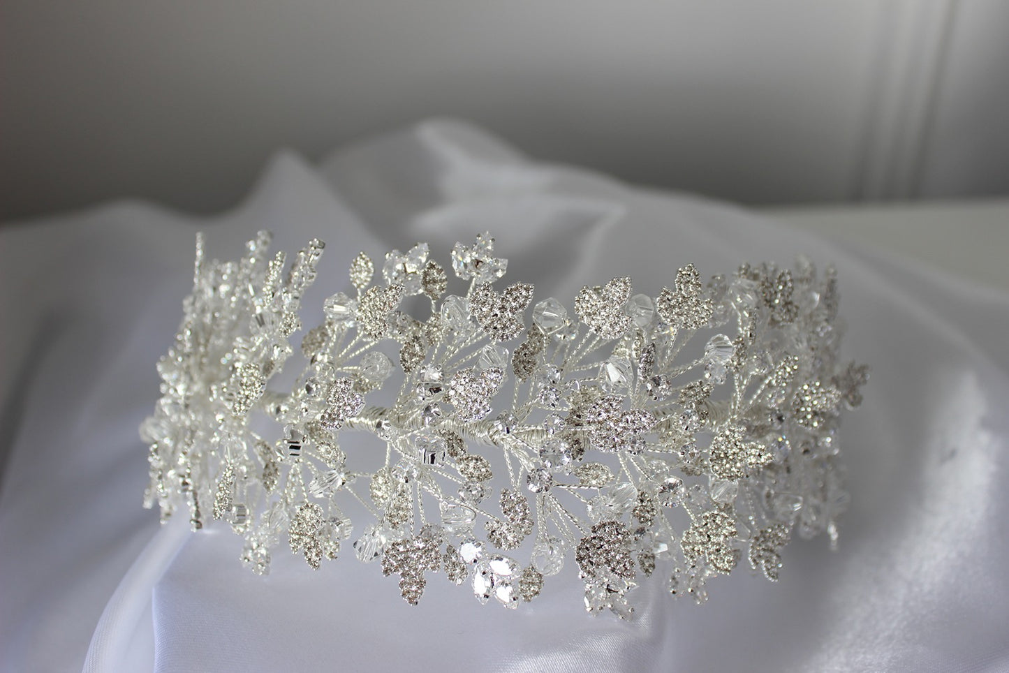 Silver bridal headpiece on white background