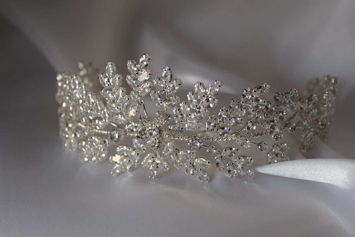 Silver bridal headpiece on white background