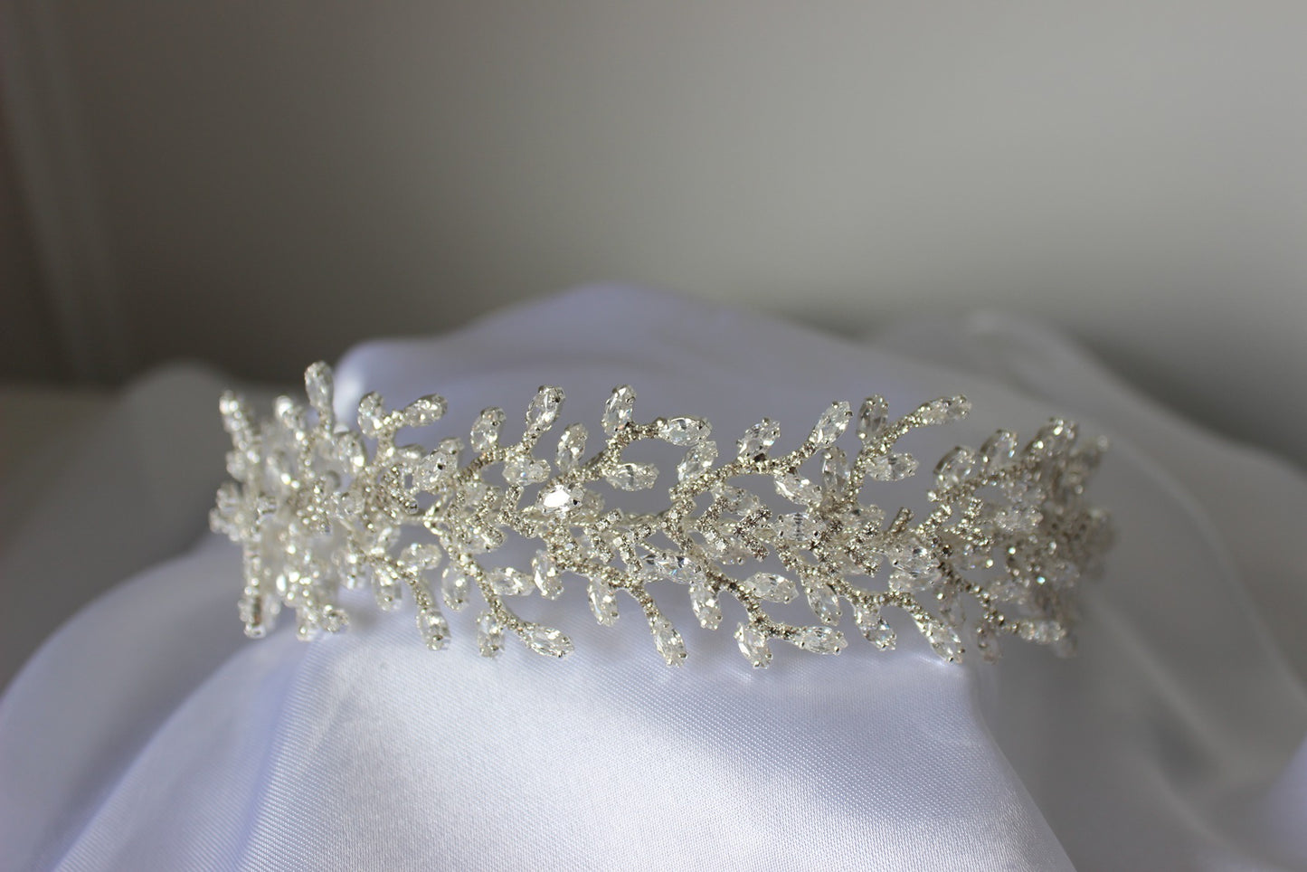 Silver bridal headpiece on white background
