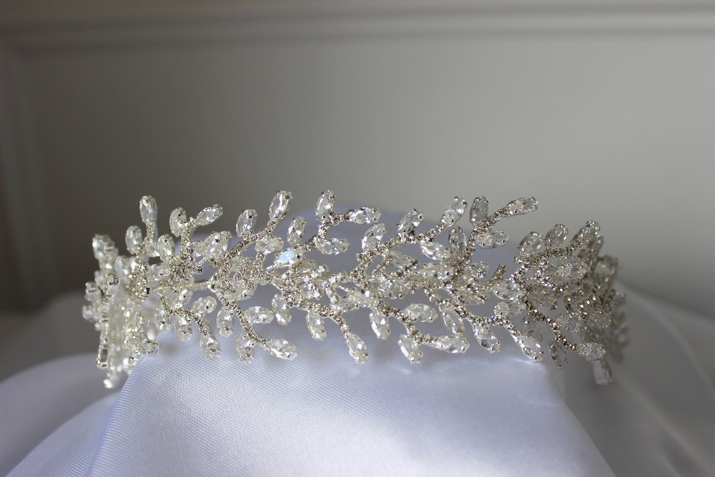Silver bridal headpiece on white background