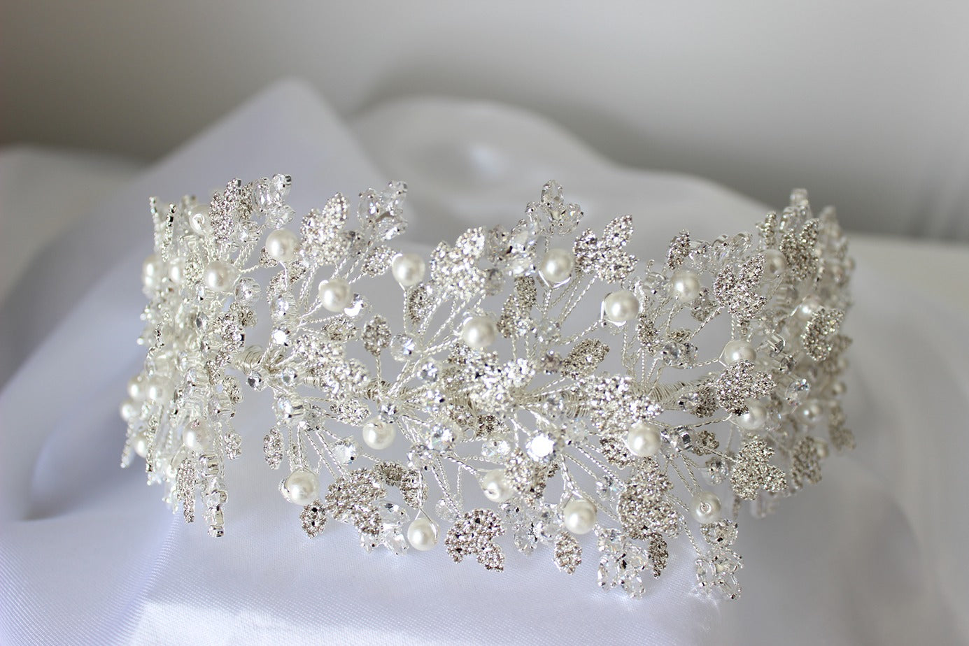 Silver bridal headpiece on white background