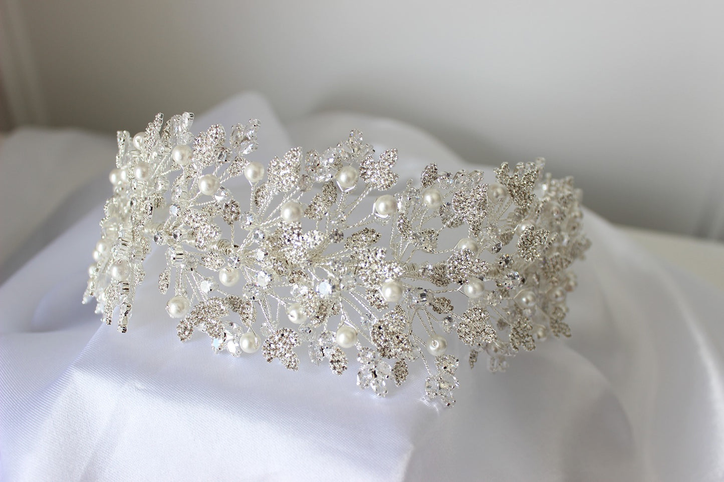 Silver bridal headpiece on white background