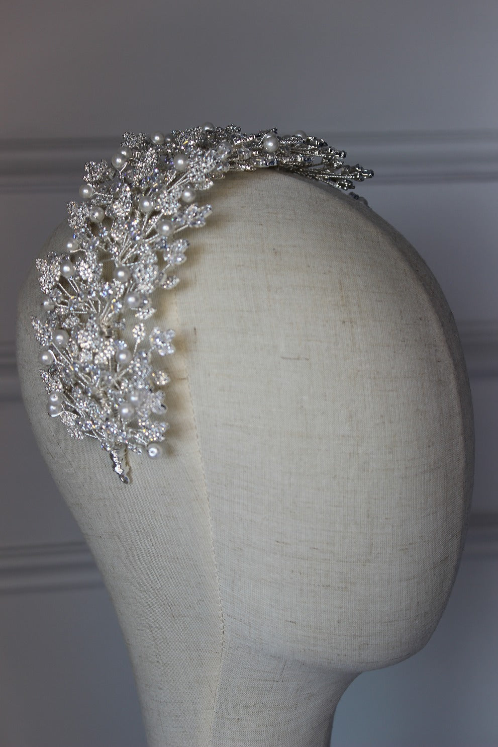 Silver bridal headpiece on mannequin