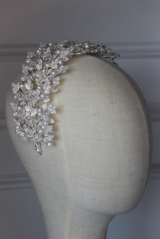 Silver bridal headpiece on mannequin