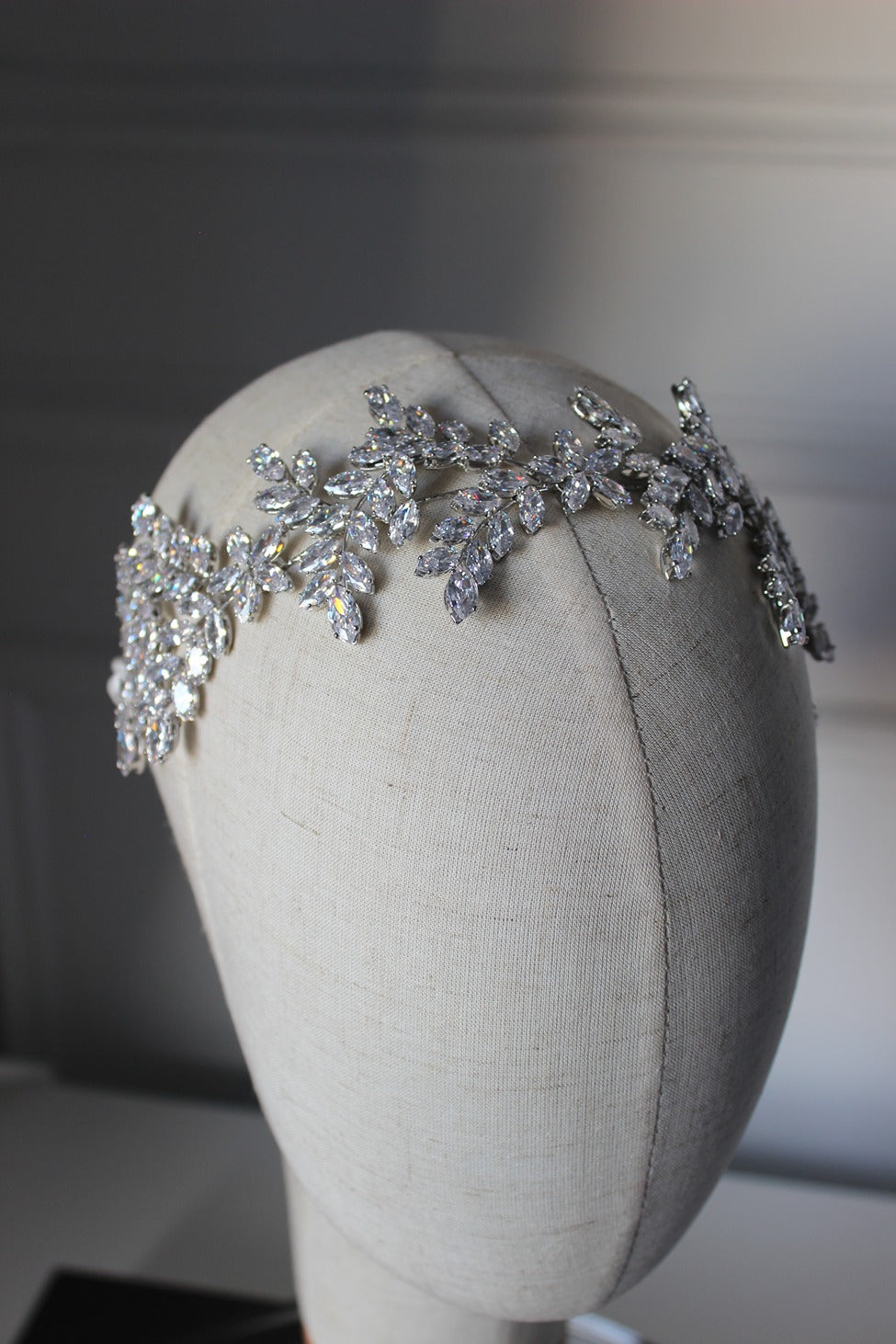 Silver bridal headpiece on mannequin