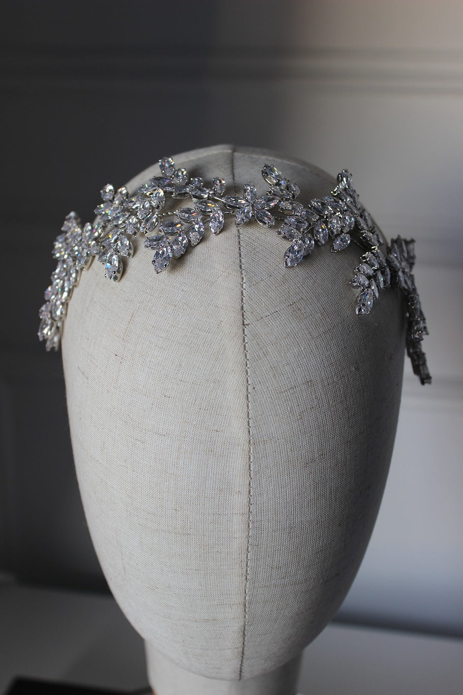 Silver bridal headpiece on mannequin