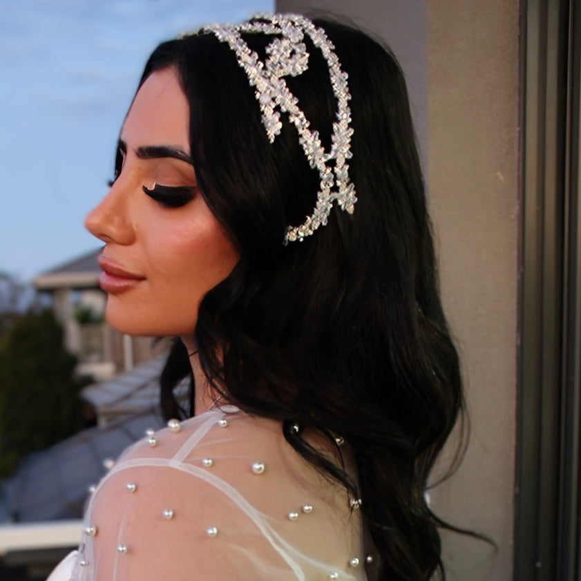 silver bridal headpiece on model