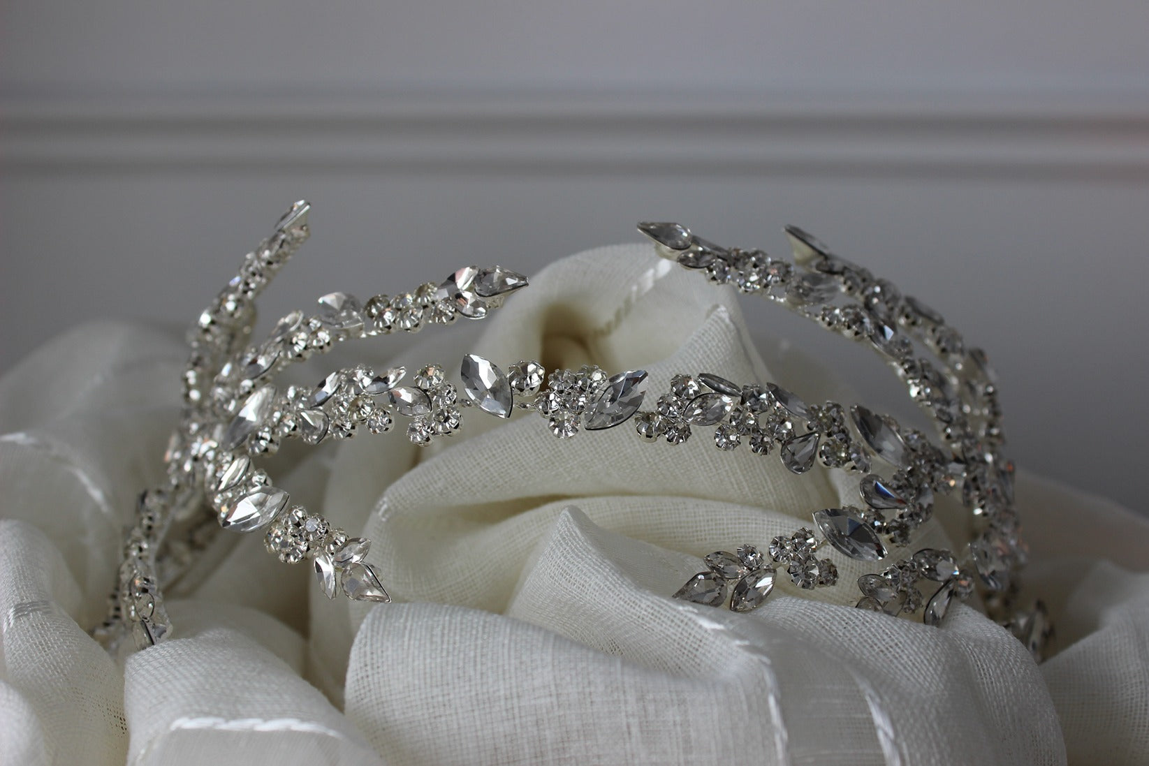 Silver bridal headpiece on white background