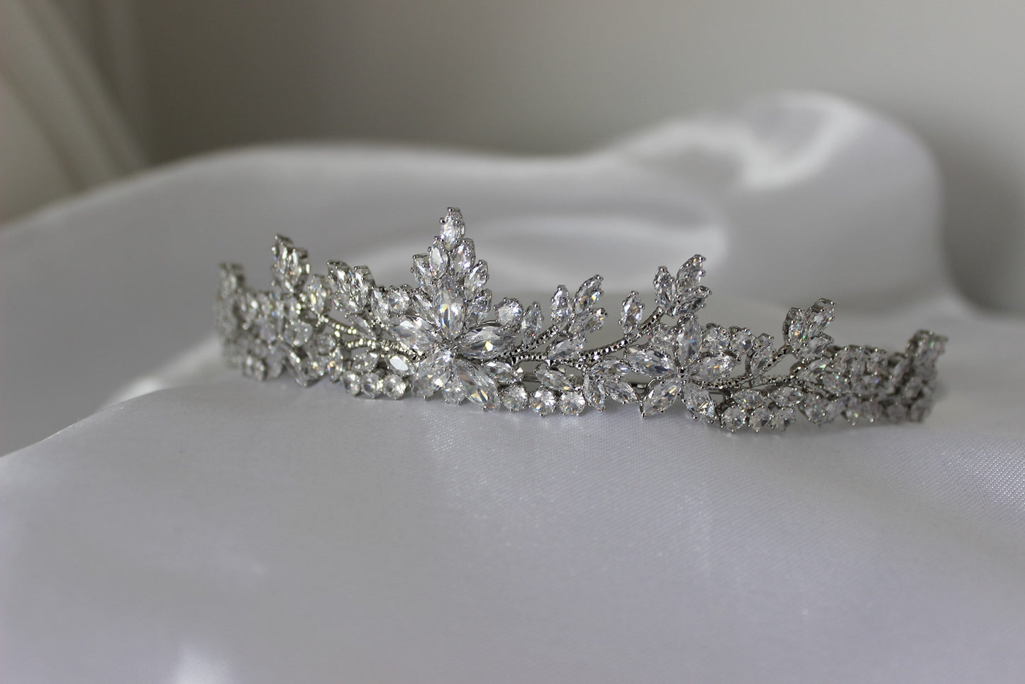 Silver bridal tiara on white background