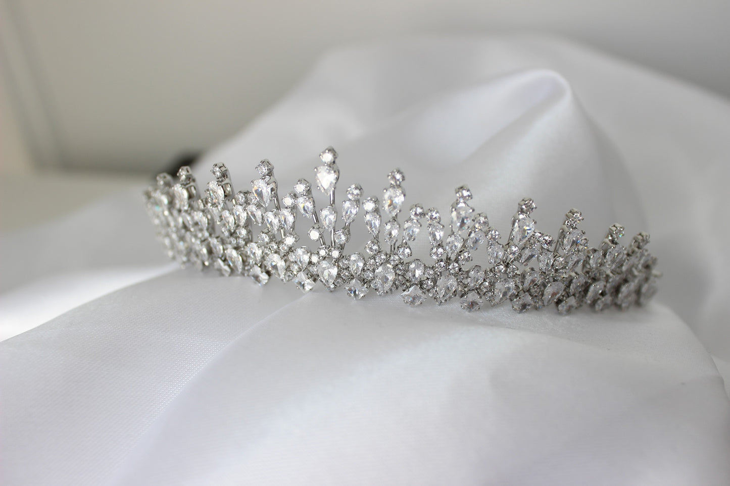 Silver bridal tiara on white background