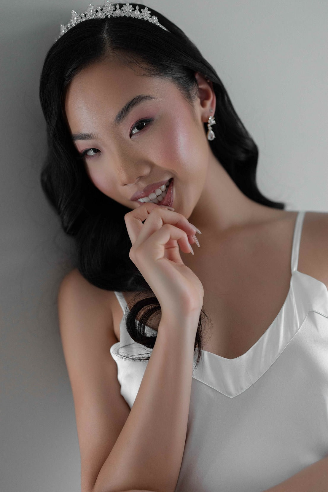 Silver bridal tiara on model