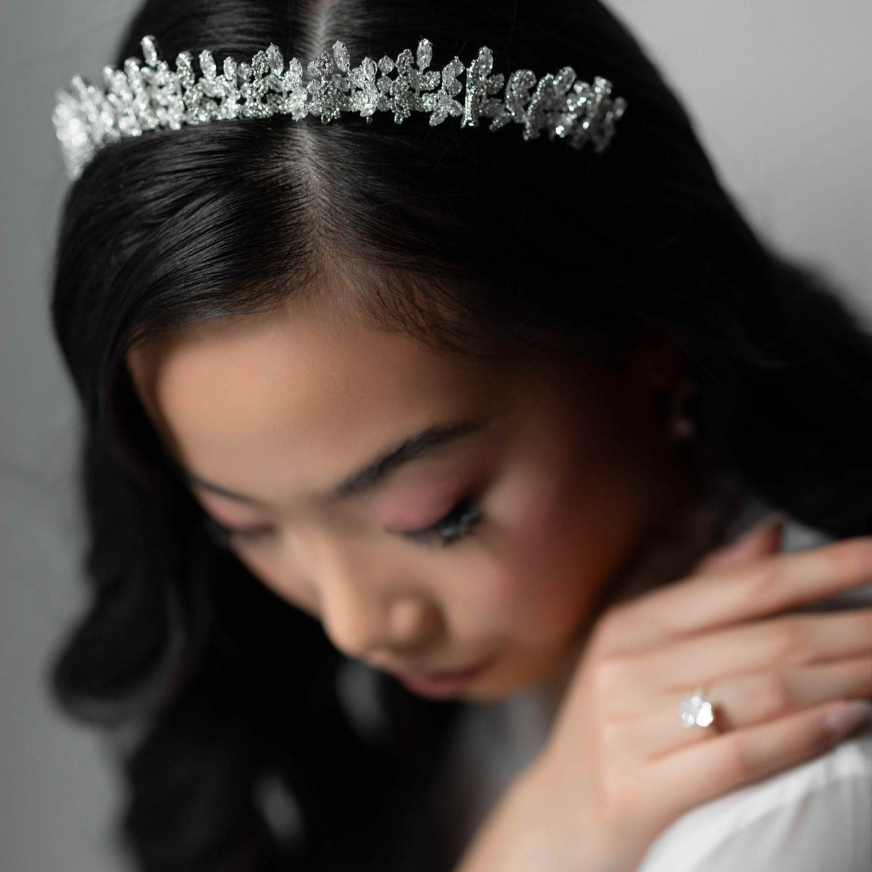 Silver bridal tiara on model