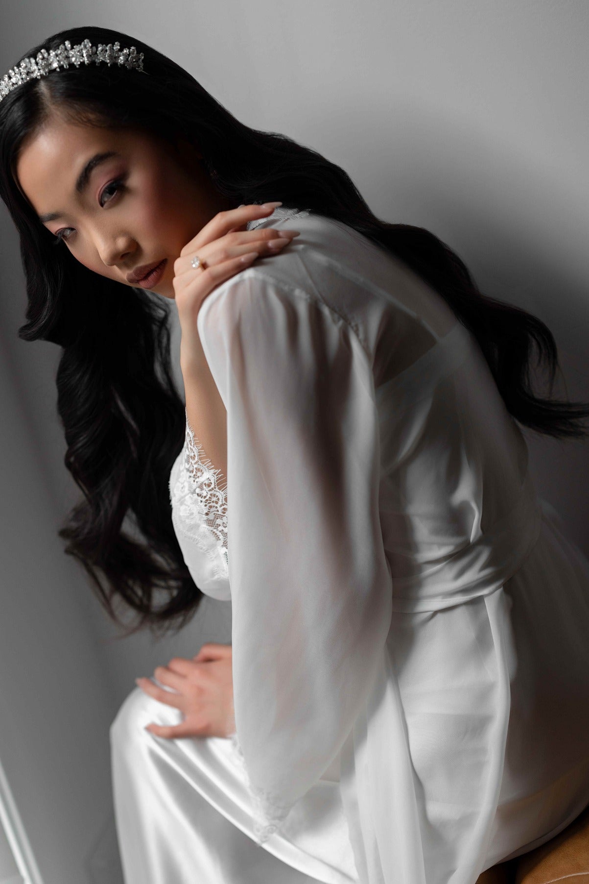 Silver bridal tiara on model