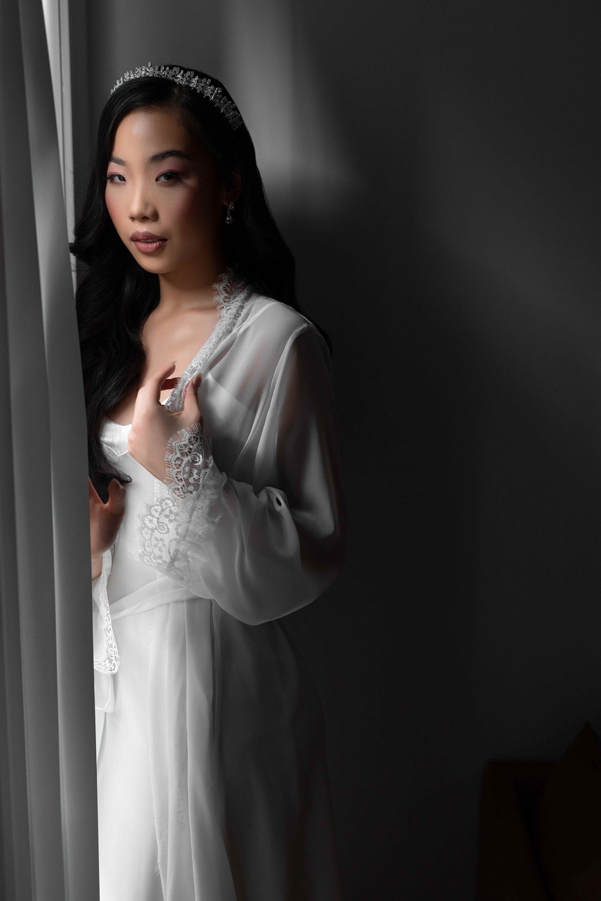 Silver bridal tiara on model