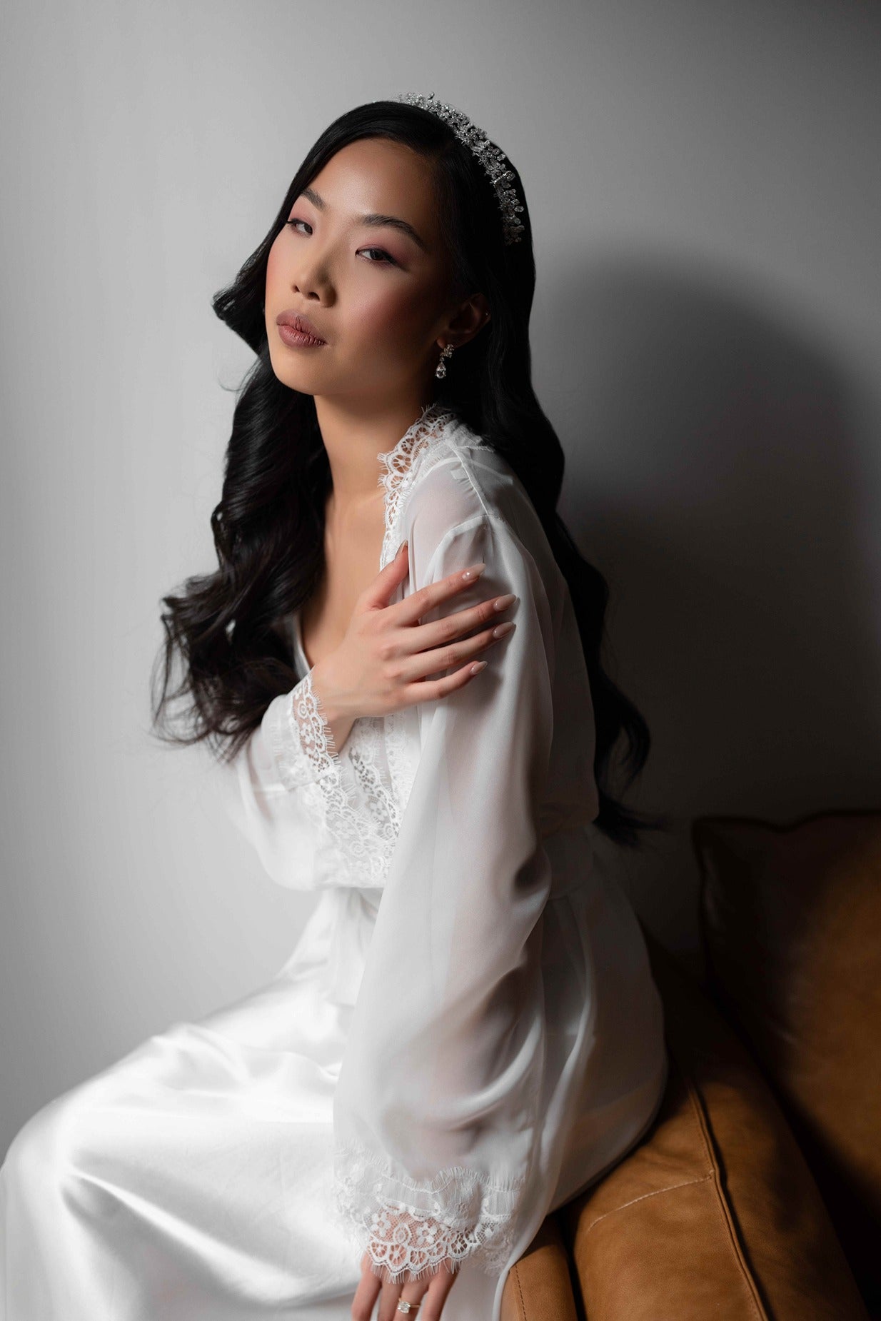 Silver bridal tiara on model