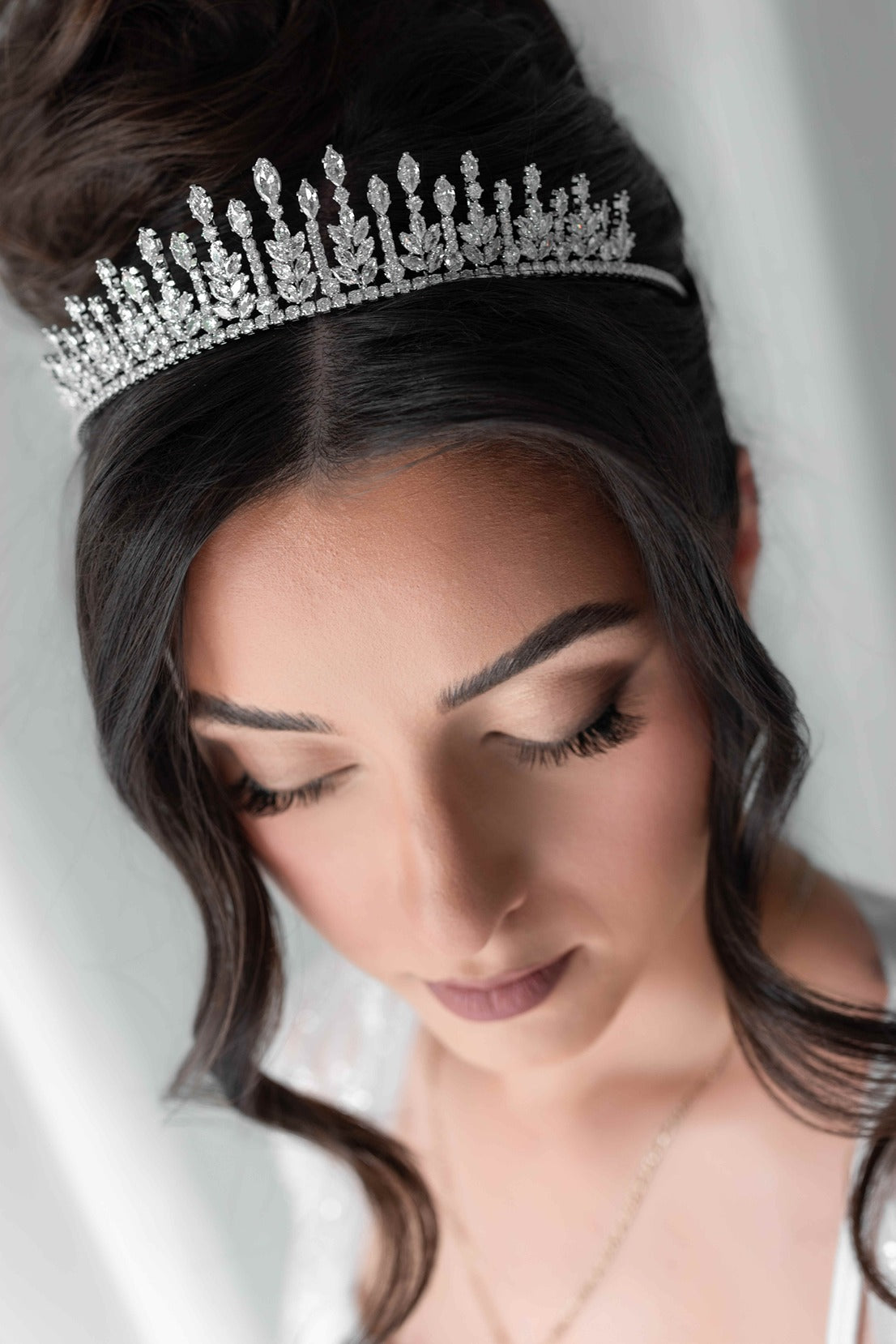 Silver bridal tiara on model