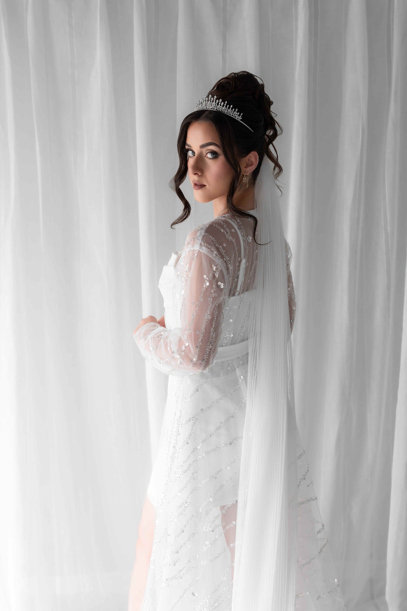 Silver bridal tiara on model