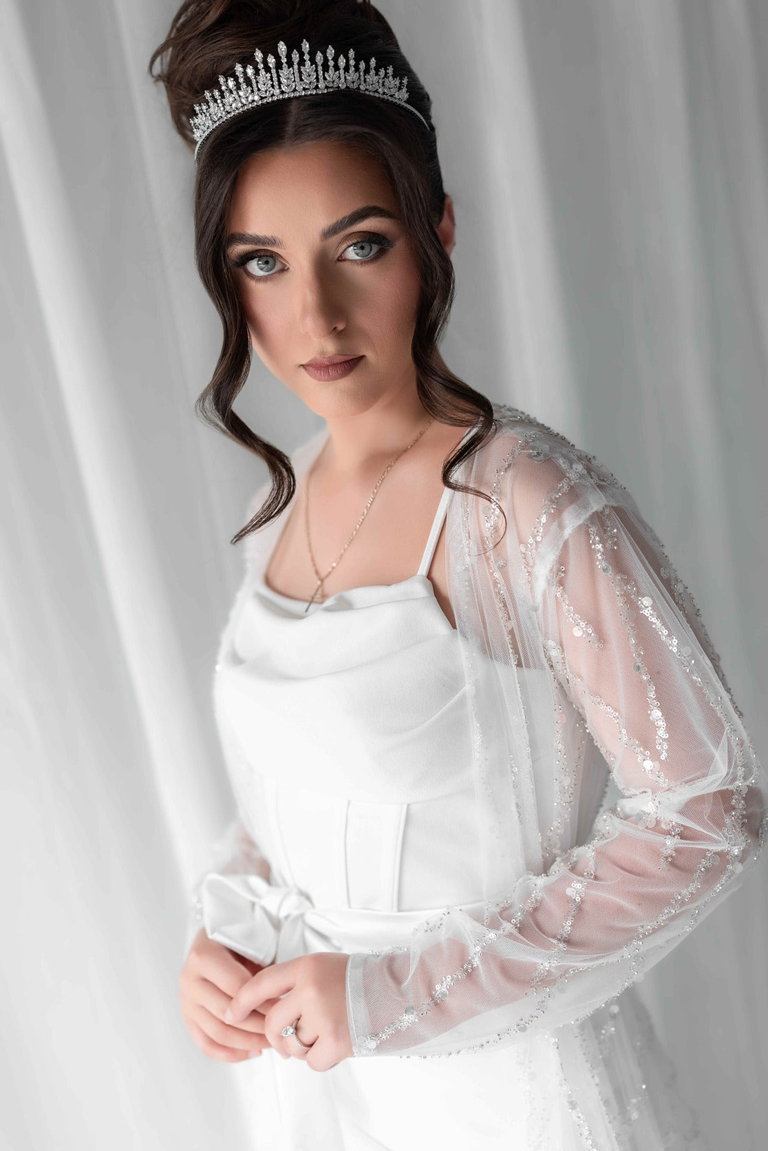 Silver bridal tiara on model