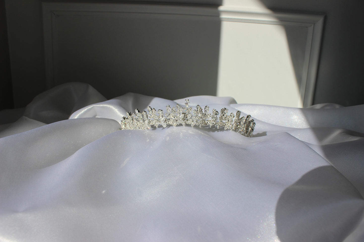 Silver bridal tiara on white background